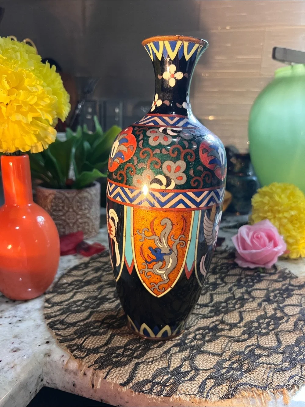 Antique Black Green Orange Cloisonné Vase no flaws